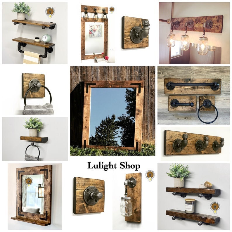 Puede incluir: Una colecci&oacute;n de art&iacute;culos de decoraci&oacute;n de ba&ntilde;o r&uacute;sticos hechos de madera y accesorios de tuber&iacute;a de metal. Los art&iacute;culos incluyen estantes, espejos, toalleros y ganchos. Los art&iacute;culos est&aacute;n todos en un acabado de madera oscura con detalles met&aacute;licos negros. El texto "Lulight Shop" es visible en el centro de la imagen.