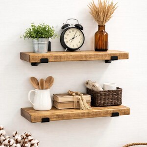 Heavy-Duty Rustic Floating Shelf with Industrial Metal Brackets, Bookshelf, Wall Shelf