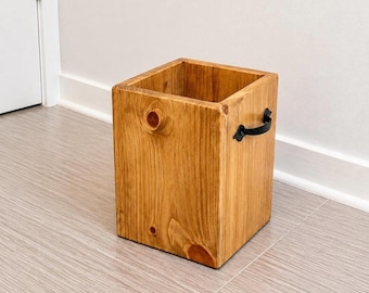 Handmade Golden Oak Wood Trash Can with Handles