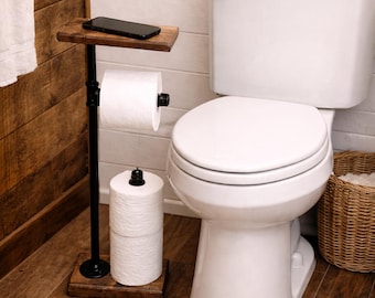 Toilet Paper Stand With Shelf and Extra Storage, 3 Rolls Paper Dispenser, Rustic Paper Holder, Industrial Pipe Wood Stand, Floor Stand TP