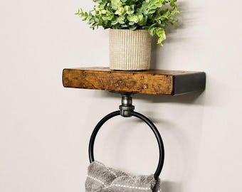 RUSTIC Hand Towel Ring With Floating Shelf, Farmhouse Bathroom Decor, Pipe Industrial Rustic, Wall Shelf, Towel Holder, Bathroom Storage