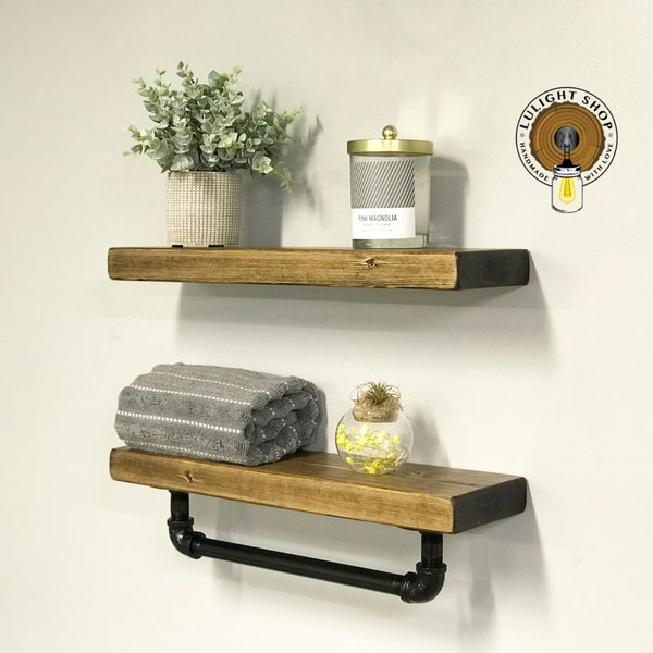 Floating Shelves Set of 2, Solid Wood, Bathroom Shelf with Towel Bar, Wall Mount Hidden Steel Shelf Bracket, Rustic Shelves, Farmhouse Decor