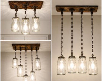 Handmade Mason Jar Chandelier, Rustic Industrial Wood Fixture, Farmhouse Pendant Light
