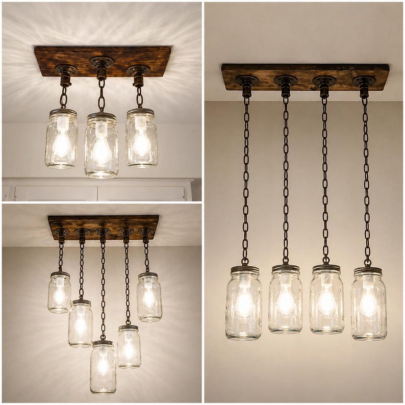 Farmhouse mason jar pendant light fixture with wood beam and chains hanging above rustic dining table in cozy kitchen