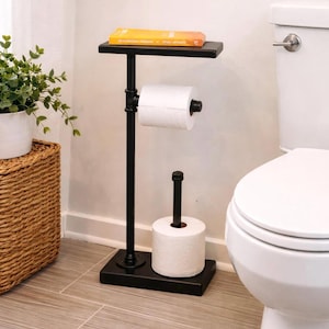 Toilet Paper Stand Heavy Base + Extra Storage, Rustic Toilet Paper Holder, 3 Rolls TP Stand With Shelf, Standing Paper Dispenser