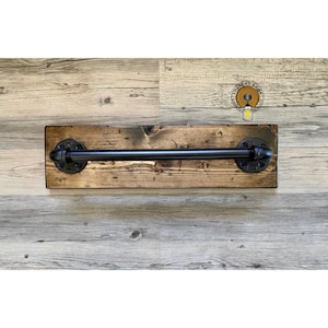 Rustic, Industrial Hand Towel Bar on Wood, Bathroom Decor, Towel Holder, Kitchen Rack, Pipe Rack, Bath Towel Bar, Farmhouse Decor, Lake