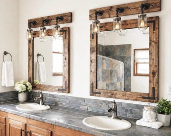 Rustic Bathroom Vanity Set With Mirror and Mason Jar Light Fixture, Primitive Decor, Western Style, USA made Farmhouse Vanity Lighting