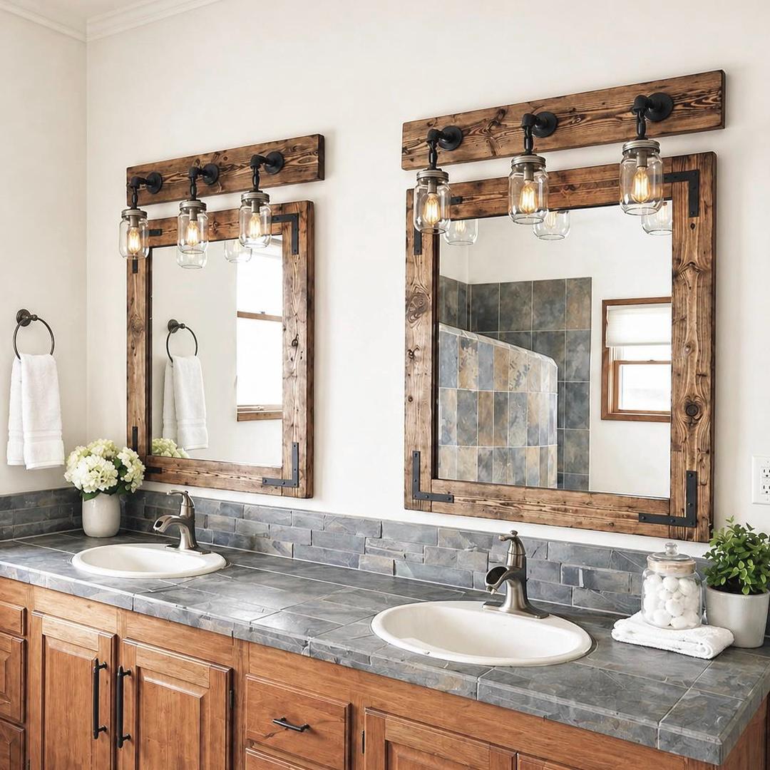 rustic bathroom vanity with wrought iron pulls and aged brass knobs