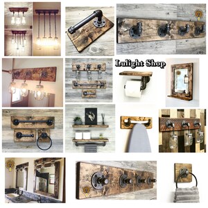 May include: A collection of rustic industrial style home decor items, including a light fixture, towel rack, toilet paper holder, shelf, and coat rack. All items feature exposed black pipe fittings and reclaimed wood.