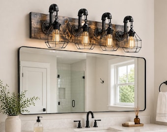 Rustic Wood Vanity Light Fixture with Cage Shades | Rustic Industrial Bathroom Lighting | Farmhouse Wall Light | Handmade USA