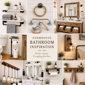 Puede incluir: Un collage de ideas de decoraci&oacute;n de ba&ntilde;o de estilo r&uacute;stico. Incluye un tocador de madera con encimera de m&aacute;rmol, estantes, toalleros y l&aacute;mparas. Se muestra el texto "Farmhouse Bathroom Inspiration".
