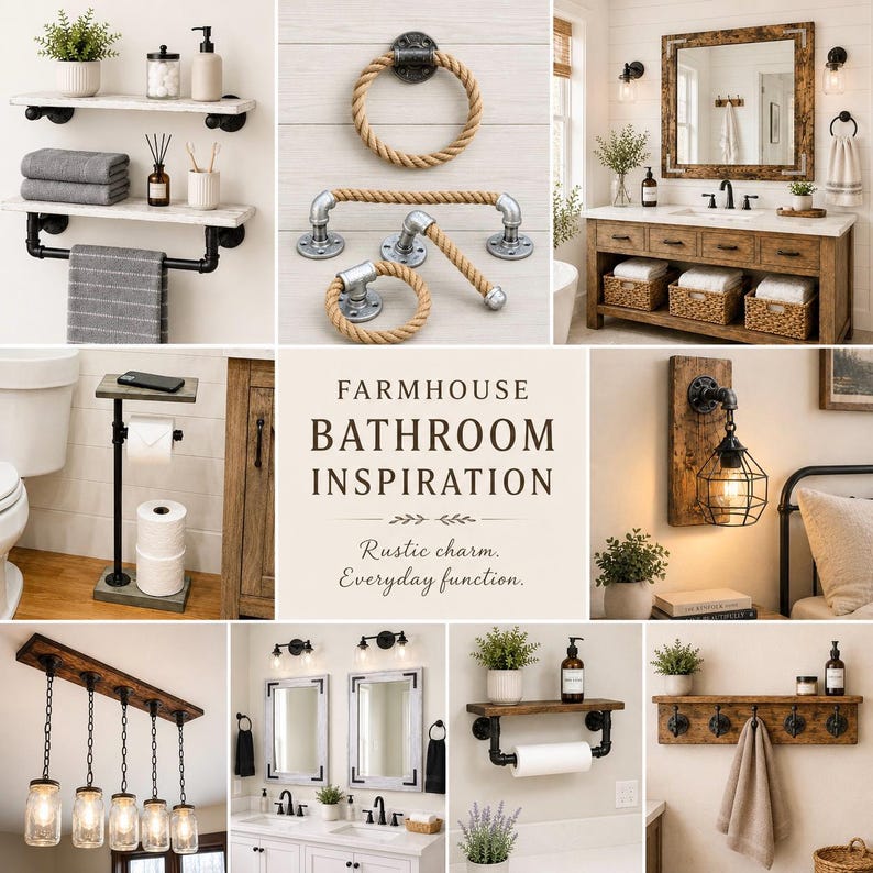 Puede incluir: Un collage de ideas de decoraci&oacute;n de ba&ntilde;o de estilo r&uacute;stico. Incluye un tocador de madera con encimera de m&aacute;rmol, estantes, toalleros y l&aacute;mparas. Se muestra el texto "Farmhouse Bathroom Inspiration".