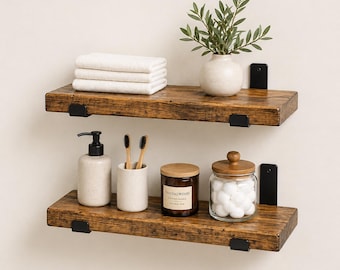 Set of 2 Heavy Duty Rustic Floating Shelves with J Shape Flat Brackets, Robust Brackets, Minimalist, Handmade Deep Long Shelves