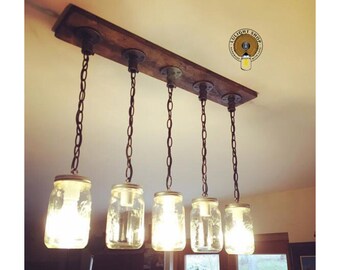 Rustic, Industrial, Farmhouse Style, Modern,Jar Chandelier Light, 4/5/6 Mason Jar Chandelier on Distressed Wood with Vintage Bulbs Optional