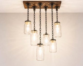 Rustic, Industrial, Modern Handmade Mason Jar Chandelier, Kitchen Lighting, Pendant Light, Farmhouse, Cottage Decor, Mason Jar Lighting