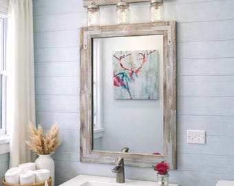 Handmade Light Whitewash Wood Bathroom Mirror with Mason Jar Vanity Light