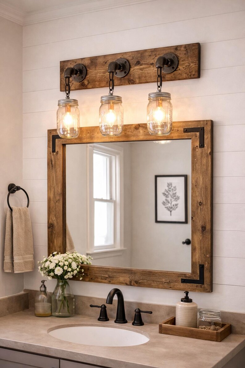 Rustic farmhouse bathroom vanity set with mirror and light fixture wall decor