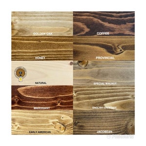 May include: A wood stain color chart with 10 different wood stain colors. The colors are: Golden Oak, Coffee, Honey, Provincial, Natural, Special Walnut, Mahogany, English Chestnut, Early American, and Jacobean.