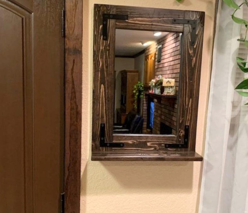 RUSTIC DISTRESSED Farmhouse Mirror with Shelf – Wood Framed Bathroom Wall Mirror – Custom Sizes Available image 19