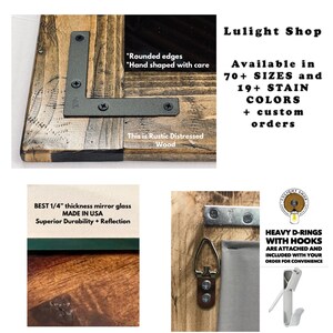 May include: Close-up of a rustic distressed wood mirror frame with metal corner brackets. The text says "Rounded edges, Hand shaped with care" and "This is Rustic Distressed Wood". The mirror uses 1/4" thick mirror glass made in the USA.