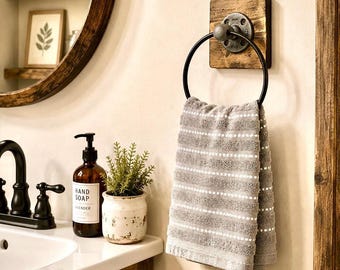 Rustic Wood Hand Towel Ring, Industrial Pipe Wall Holder for Bathroom or Kitchen