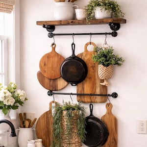 Must Have Kitchen Storage - One Shelf On Brackets + 2 Hanging Bars Set - Rustic Kitchen Shelf, Farmhouse Pots and Pans Hanger, Wall Rack