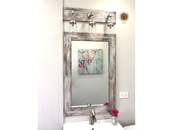 Bathroom Set LIGHT WHITEWASH Mirror and Mason Jar Light Vanity