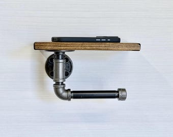Rustic Industrial Toilet Paper Holder with Wood Shelf, Wall Mounted Bathroom Storage & Decor, Pipe Style Toilet Paper Rack for Home