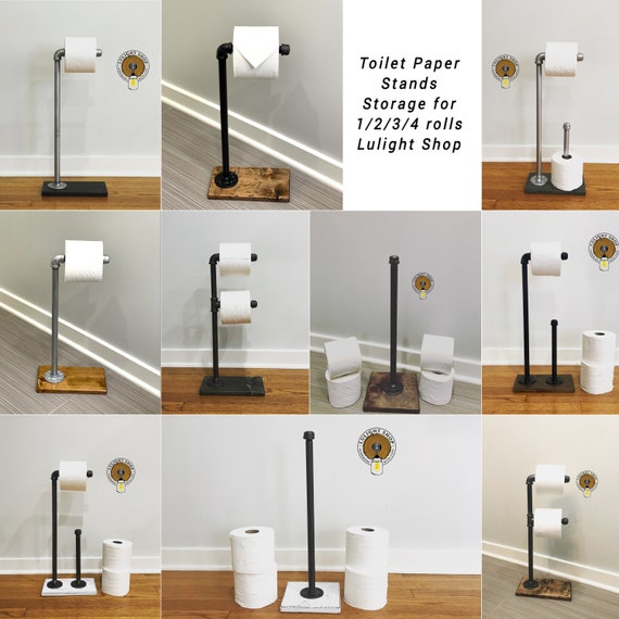 Whitewashed Wood and Black Metal Pipe Paper Towel Holder, Wall Mounted or Freestanding with Shelf