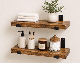HEAVY DUTY Rustic Shelf with J Shape Flat Brackets, Robust Brackets, Gift, Deep Long Shelf, Home Remodel, Floating Strong Brackets