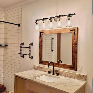 Rustic Wood Mirror with Black Metal Brackets - Farmhouse Wall Decor