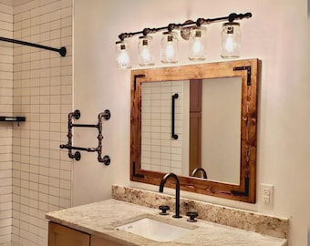 Rustic Bathroom Mirror, Country Wood Framed Mirror, Farmhouse Wall Vanity Custom Sizes Large or Small Mirrors, Mirror With Metal Brackets