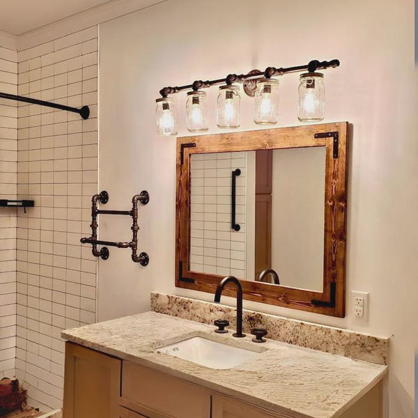 Rustic Bathroom Mirror, Country Wood Framed Mirror, Farmhouse Wall Vanity Custom Sizes Large or Small Mirrors, Mirror With Metal Brackets