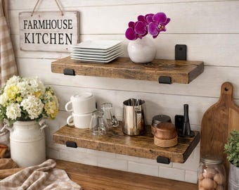 Set of 2 Heavy Duty Rustic Floating Shelves with J Shape Flat Brackets, Robust Brackets, Minimalist, Handmade Deep Long Shelves
