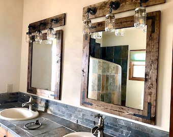 Bathroom Set - RUSTIC DISTRESSED Mirror + Light Fixture, Farmhouse Bath, Mason Jar Light, Rustic Set, Bathroom Decor, Farmhouse Mirror