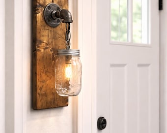Aplique de pared individual con tarro Mason sobre madera / Lámpara de pared rústica de estilo granja / Aplique de madera hecho a mano / Lámpara de pared industrial con tarro