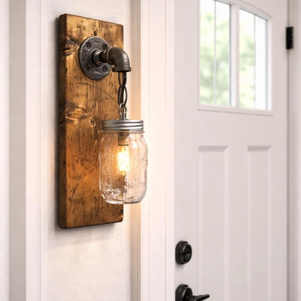 Single Mason Jar Sconce Light on Wood | Rustic Farmhouse Wall Light | Handmade Wood Sconce | Industrial Jar Light Fixture