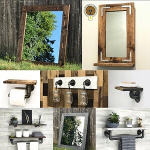 May include: A collage of images showcasing various rustic bathroom decor items, including mirrors, shelves, and towel racks made from reclaimed wood and industrial pipe fittings.