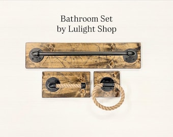 Rope Bathroom Set of 3 | Rustic Coastal Decor with Rope Toilet Holder, Towel Bar, Hand Towel Holder on Wood | Nautical Bathroom Accessories