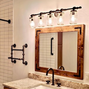 Rustic Distressed Wood Mirror with Black Metal Brackets – Farmhouse Bathroom & Wall Decor, Quality Made in USA