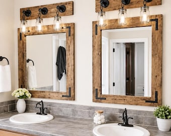 Rustic Bathroom Mirror with Mason Jar Lights – Farmhouse Vanity Mirror & Industrial Light Fixture Set | Handmade in USA