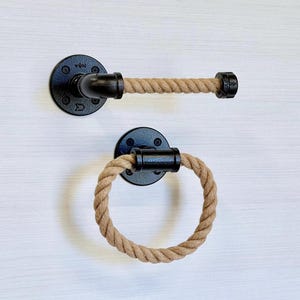 Rope Bathroom Set of 2, Rope Toilet Paper Holder, Rope Towel Ring, Lake House Vanity, Rope Towel Holder, Pipe Fixture, Nautical Home Decor