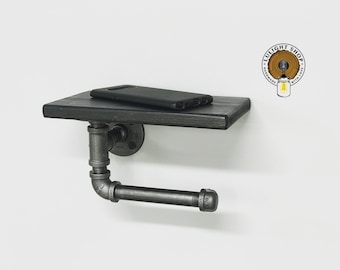 Rustic Toilet Paper Holder with Shelf – Open-Side Pipe Design