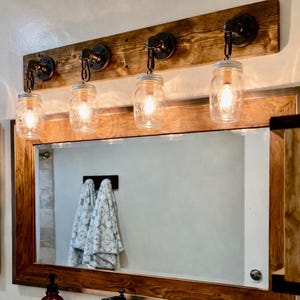 Rustic Mason Jar Bathroom Light Fixture: Distressed Wood Vanity Lighting