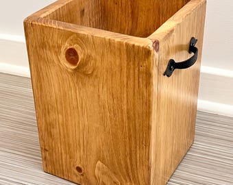 Handmade Golden Oak Wood Trash Can with Handles