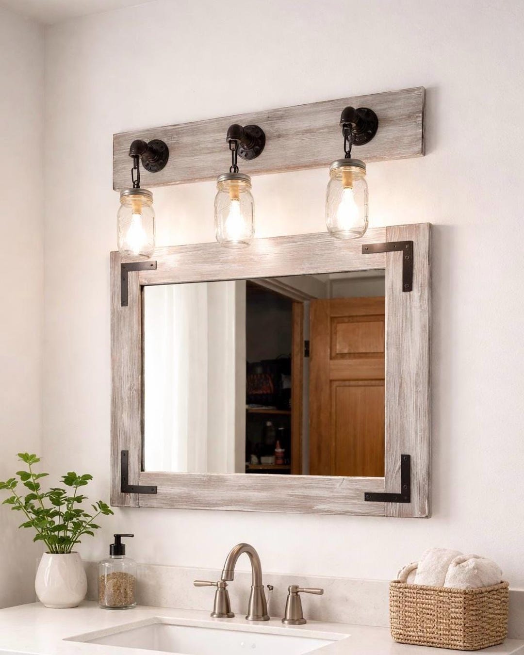Rustic Whitewashed Mirror Farmhouse Mirror, Light Whitewash Wood Frame, Rustic Wall Mirror ...