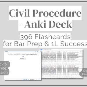 May include: Digital flashcards for Civil Procedure, an Anki Deck with 396 flashcards. The image shows a preview of the flashcards and the text "Black & White Version" and "Digital Download". Designed for bar exam prep and 1L success.