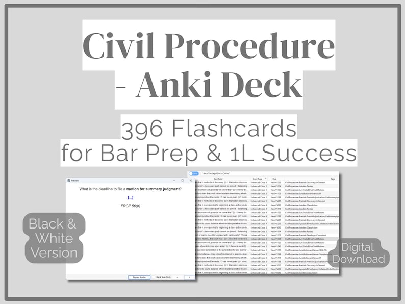 May include: Digital flashcards for Civil Procedure, an Anki Deck with 396 flashcards. The image shows a preview of the flashcards and the text "Black & White Version" and "Digital Download". Designed for bar exam prep and 1L success.