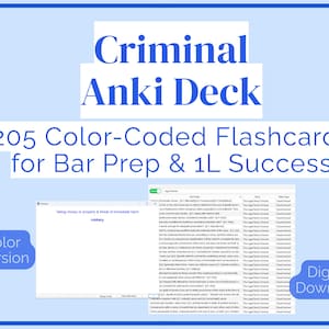以下が含まれることがあります： 「Criminal Anki Deck」と「205 色分けされたフラッシュカード for Bar Prep & 1L Success」というテキストが書かれたデジタル製品の画像。画像にはフラッシュカードのプレビューと「Color Version」と「Digital Download」という文字が含まれています。