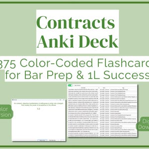May include: Digital download of a Contracts Anki Deck with 375 color-coded flashcards for bar prep and 1L success. The image includes a preview of the flashcards and the text "Color Version" and "Digital Download".